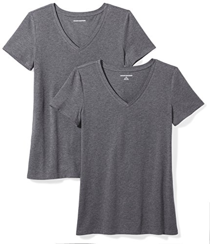 Amazon Essentials Damen T-Shirt Regular Fit mit kurzen Ärmeln und V-Ausschnitt, 2er-Pack, Dunkelgrau Meliert, L von Amazon Essentials
