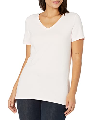 Amazon Essentials Damen Kurzärmeliges T-Shirt mit V-Ausschnitt, Klassischer Schnitt, 2er-Pack, Hellrosa/Hellgrau Meliert, S von Amazon Essentials