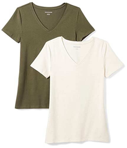 Amazon Essentials Damen Kurzärmeliges T-Shirt mit V-Ausschnitt, Klassischer Schnitt, 2er-Pack, Olivgrün/Haferbeige Meliert, L von Amazon Essentials