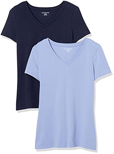 Amazon Essentials Damen Kurzärmeliges T-Shirt mit V-Ausschnitt, Klassischer Schnitt, 2er-Pack, Purpur/Marineblau, M von Amazon Essentials