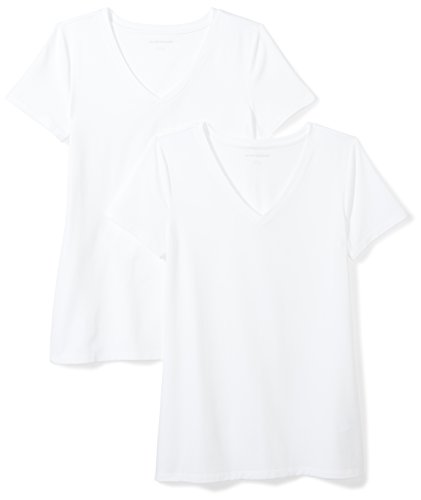 Amazon Essentials Damen T-Shirt Regular Fit mit kurzen Ärmeln und V-Ausschnitt, 2er-Pack, Weiß, XL von Amazon Essentials