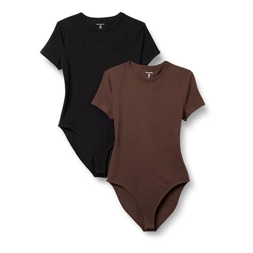 Amazon Essentials Damen T-Shirt-Body aus elastischem Baumwolljersey mit schmaler Passform, 2er-Pack, Braun/Schwarz, XXL von Amazon Essentials