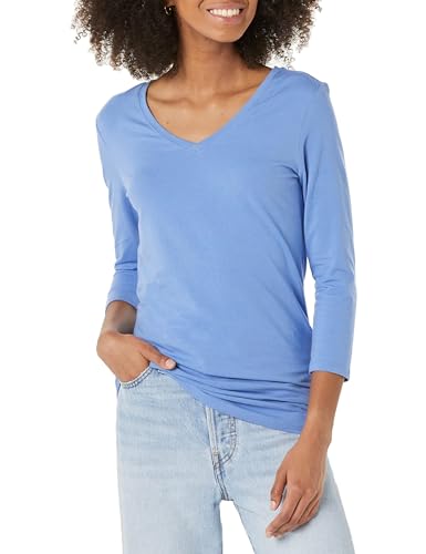 Amazon Essentials Damen Regular-Fit-T-Shirt 3/4-Ärmeln V-Ausschnitt (In Übergröße Erhältlich), Blau, XS von Amazon Essentials