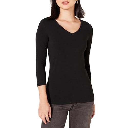 Amazon Essentials Damen Regular-Fit-T-Shirt 3/4-Ärmeln V-Ausschnitt (In Übergröße Erhältlich), Schwarz, S von Amazon Essentials