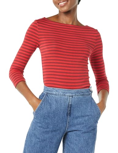 Amazon Essentials Damen T-Shirt mit Bateau-Ausschnitt und 3/4-Ärmeln in schmaler Passform, Rot Burgunderrot Streifen, S Amazon Essentials Damen T-Shirt mit Bateau-Ausschnitt und 3/4-Ärmeln in schmaler Passform, Rot Burgunderrot Streifen, S von Amazon Essentials