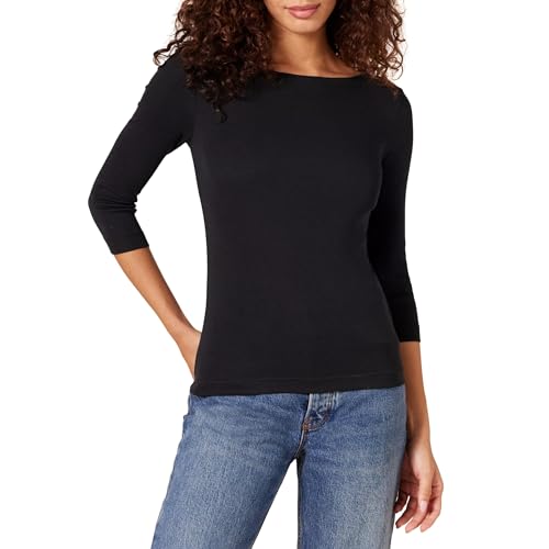 Amazon Essentials Damen T-Shirt mit Bateau-Ausschnitt und 3/4-Ärmeln in schmaler Passform, Schwarz, L von Amazon Essentials