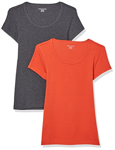 Amazon Essentials Damen T-Shirt mit Flügelärmeln und U-Ausschnitt in schmaler Passform, 2er-Pack, Dunkelgrau Meliert/Tomatenrot, S von Amazon Essentials