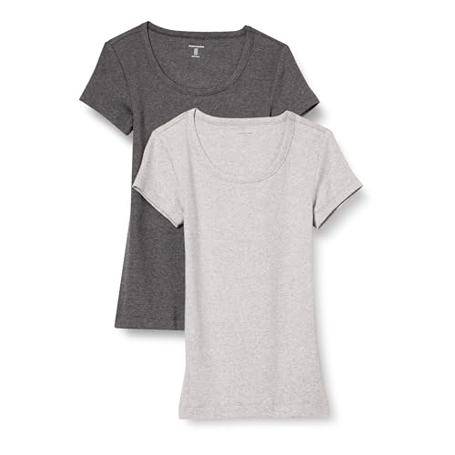 Amazon Essentials Damen T-Shirt mit Flügelärmeln und U-Ausschnitt in schmaler Passform, 2er-Pack, Dunkelgrau Meliert/Hellgrau Meliert, L von Amazon Essentials