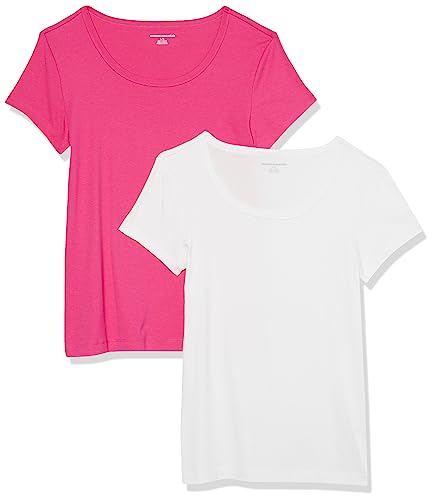 Amazon Essentials Damen T-Shirt mit Flügelärmeln und U-Ausschnitt in schmaler Passform, 2er-Pack, Weiß/Dunkelrosa, S von Amazon Essentials