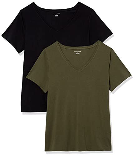 Amazon Essentials Damen T-Shirt mit V-Ausschnitt und kurzen Ärmeln in Übergröße, 2er-Pack, Schwarz/Olivgrün, 4XL Große Größen von Amazon Essentials