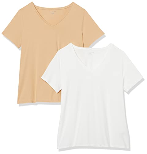 Amazon Essentials Damen T-Shirt mit V-Ausschnitt und kurzen Ärmeln in Übergröße, 2er-Pack, Weiß/Helles Kamelbraun, XL Große Größen von Amazon Essentials