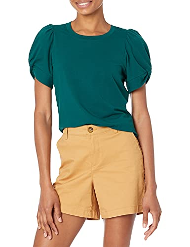 Amazon Essentials Damen T-Shirt mit gedrehten Ärmeln und Rundhalsausschnitt in klassischer Passform, Tannengrün, L von Amazon Essentials