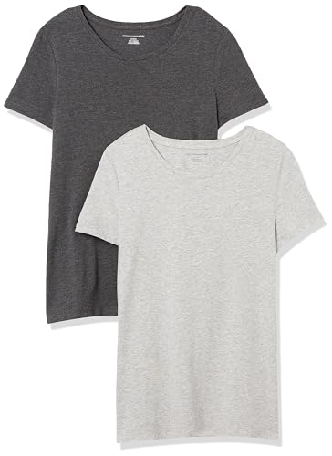 Amazon Essentials Damen T-Shirt mit kurzen Ärmeln und Rundhalsausschnitt in normaler Passform, 2er-Pack, Dunkelgrau Meliert/Hellgrau Meliert, M von Amazon Essentials
