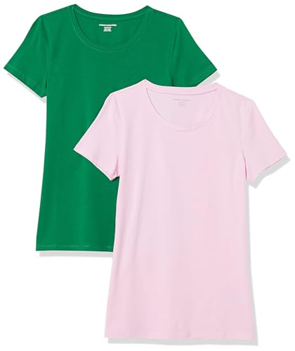 Amazon Essentials Damen T-Shirt mit kurzen Ärmeln und Rundhalsausschnitt in normaler Passform, 2er-Pack, Grün/Hellrosa, L von Amazon Essentials