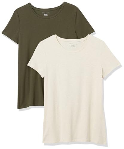 Amazon Essentials Damen T-Shirt mit kurzen Ärmeln und Rundhalsausschnitt in normaler Passform, 2er-Pack, Haferbeige Meliert/Olivgrün, M von Amazon Essentials