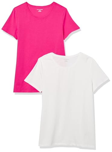 Amazon Essentials Damen T-Shirt mit kurzen Ärmeln und Rundhalsausschnitt in normaler Passform, 2er-Pack, Kräftiges Rosa/Weiß, L von Amazon Essentials