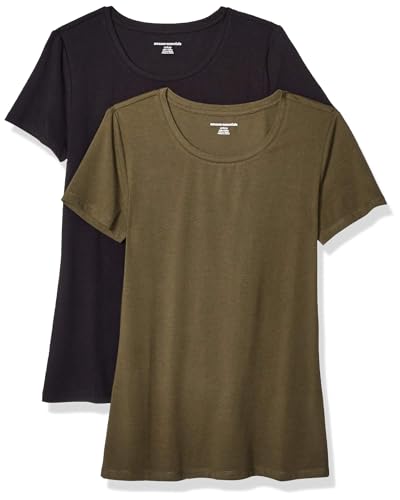Amazon Essentials Damen T-Shirt mit kurzen Ärmeln und Rundhalsausschnitt in normaler Passform, 2er-Pack, Olivgrün/Schwarz, XL von Amazon Essentials