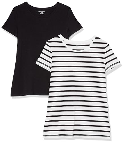 Amazon Essentials Damen T-Shirt mit kurzen Ärmeln und Rundhalsausschnitt in normaler Passform, 2er-Pack, Schwarz/Weiß Streifen, L von Amazon Essentials