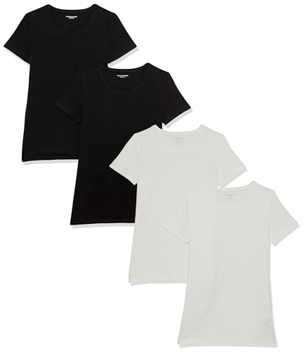 Amazon Essentials Damen T-Shirt mit kurzen Ärmeln und Rundhalsausschnitt in normaler Passform, 4er-Pack, Schwarz/Weiß, XL von Amazon Essentials