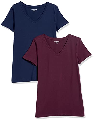 Amazon Essentials Damen T-Shirt Regular Fit mit kurzen Ärmeln und V-Ausschnitt, 2er-Pack, Burgunderrot/Marineblau, XL von Amazon Essentials