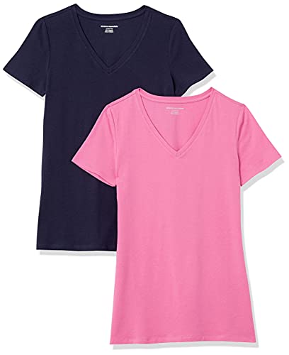 Amazon Essentials Damen T-Shirt Regular Fit mit kurzen Ärmeln und V-Ausschnitt, 2er-Pack, Rosa/Marineblau, L von Amazon Essentials