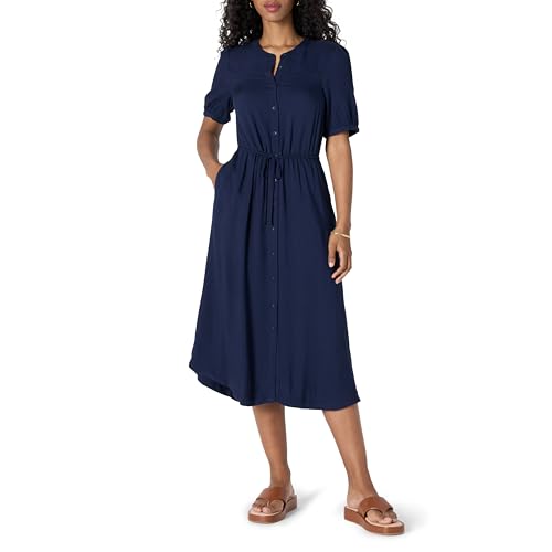 Amazon Essentials Damen Tailliertes A-Linien-Midikleid mit halblangen Ärmeln in lockerer Passform, Marineblau, M von Amazon Essentials