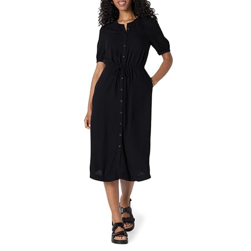 Amazon Essentials Damen Tailliertes A-Linien-Midikleid mit halblangen Ärmeln in lockerer Passform, Schwarz, S von Amazon Essentials