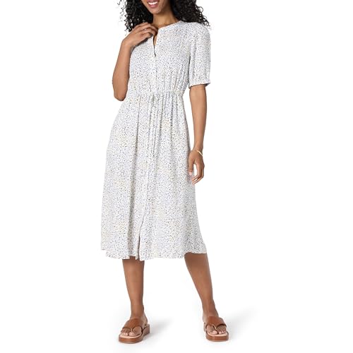 Amazon Essentials Damen Tailliertes Midikleid in A-Linie mit Halben Ärmeln und Ausgestelltem Rockteil mit Taschen, Gebrochenes Weiß Konfettimuster, M von Amazon Essentials