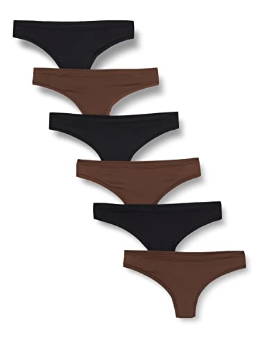 Amazon Essentials Damen Tanga-Unterwäsche (in Übergröße erhältlich), 6er-Pack, Haselnuss/Schwarz, 42 von Amazon Essentials