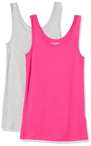 Amazon Essentials Damen Tanktop, Schmale Passform, 2er-Pack, Grau Meliert/Kräftiges Rosa, XL von Amazon Essentials