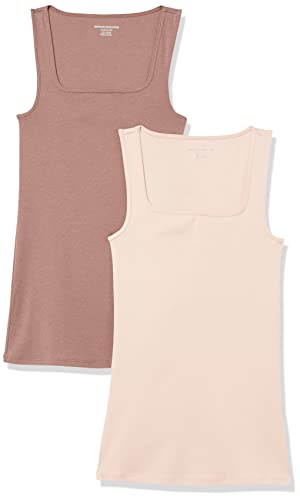 Amazon Essentials Damen Tanktop mit schmaler Passform und quadratischem Ausschnitt, 2er-Pack, Hellbeige/Dunkles Taupe, L von Amazon Essentials