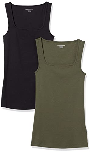 Amazon Essentials Damen Schmal Geschnittenes Tanktop Mit Quadratischem Ausschnitt, 2er-Pack, Schwarz/Dunkles Olivgrün, L von Amazon Essentials