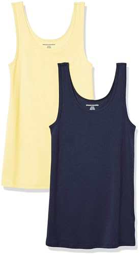 Amazon Essentials Damen Tanktop schlanke Passform, 2er-Pack, Gelb/Marineblau, L von Amazon Essentials