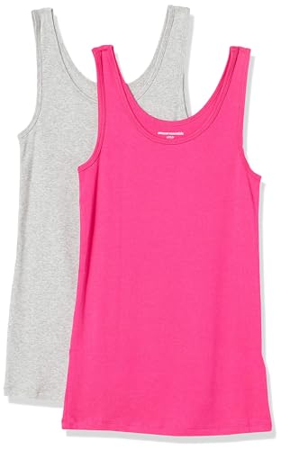 Amazon Essentials Damen Tanktop schlanke Passform, 2er-Pack, Grau Meliert/Kräftiges Rosa, M von Amazon Essentials