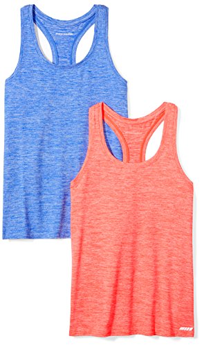 Amazon Essentials Damen Active Quick Dry Tech Stretch Racerback-Tanktop (in Übergröße erhältlich), 2er-Pack, Hellblau Space-dye/Korallenorange Space-dye, XXL von Amazon Essentials