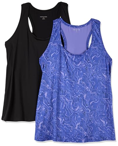Amazon Essentials Damen Active Quick Dry Tech Stretch Racerback-Tanktop (in Übergröße erhältlich), 2er-Pack, Blau Marmor/Schwarz, XS von Amazon Essentials