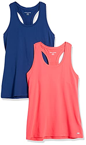 Amazon Essentials Damen Leichtes Racerback-Tanktop Aus Schnelltrocknendem Funktionsstretch (Auch In Plus Size Erhältlich), 2er-Pack, Blau/Korallenrosa, L von Amazon Essentials