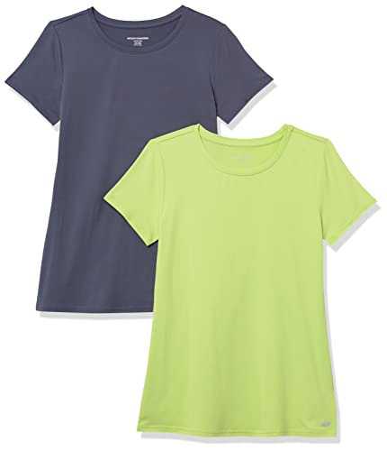 Amazon Essentials Damen Kurzärmliges Tech-Stretch-T-Shirt mit Rundhalsausschnitt (in Übergröße erhältlich), 2er-Pack, Lindgrün/Schiefergrau, S von Amazon Essentials