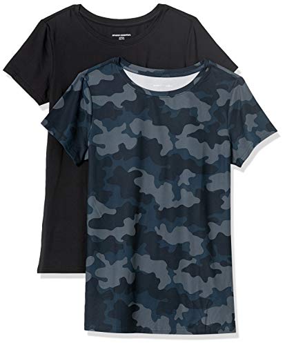 Amazon Essentials Damen Active Quick Dry Tech Stretch Kurzarm-T-Shirt mit Rundhalsausschnitt (in Übergröße erhältlich), 2er-Pack, Marineblau Tarnmuster/Schwarz, L von Amazon Essentials