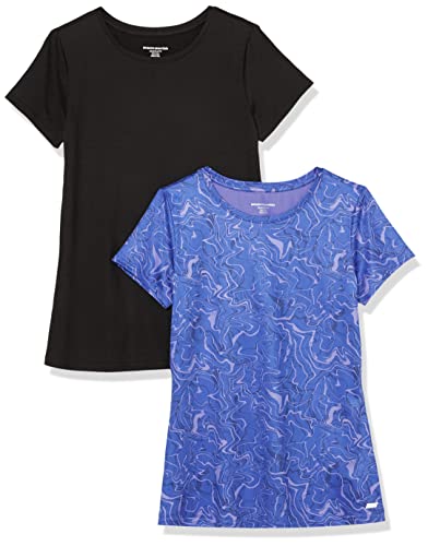 Amazon Essentials Damen Active Quick Dry Tech Stretch Kurzarm-T-Shirt mit Rundhalsausschnitt (in Übergröße erhältlich), 2er-Pack, Blau Marmor/Schwarz, XS von Amazon Essentials