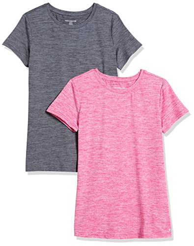 Amazon Essentials Damen Tech-Stretch-T-Shirt mit kurzen Ärmeln und Rundhalsausschnitt (Erhältlich in Übergröße), 2er-Pack, Dunkelgrau Space Dye/Raspberry Space Dye, 6X von Amazon Essentials