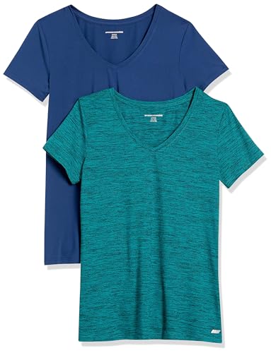 Amazon Essentials Damen Active Quick Dry Tech Stretch Kurzarm-T-Shirt mit V-Ausschnitt (in Übergröße erhältlich), 2er-Pack, Blau/Blaugrün Space-dye, S von Amazon Essentials