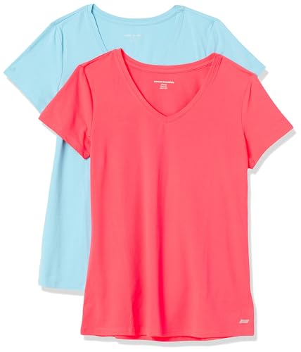 Amazon Essentials Damen Active Quick Dry Tech Stretch Kurzarm-T-Shirt mit V-Ausschnitt (in Übergröße erhältlich), 2er-Pack, Blau/Neonrosa, L von Amazon Essentials