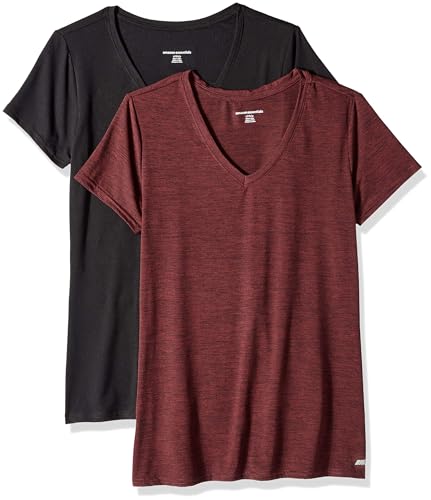 Amazon Essentials Damen Active Quick Dry Tech Stretch Kurzarm-T-Shirt mit V-Ausschnitt (in Übergröße erhältlich), 2er-Pack, Burgunderrot Space-dye/Schwarz, XXL von Amazon Essentials