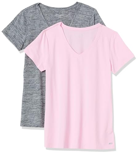 Amazon Essentials Damen Active Quick Dry Tech Stretch Kurzarm-T-Shirt mit V-Ausschnitt (in Übergröße erhältlich), 2er-Pack, Grau Space-dye/Hellrosa, L von Amazon Essentials