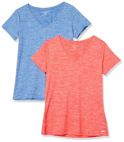 Amazon Essentials Damen Active Quick Dry Tech Stretch Kurzarm-T-Shirt mit V-Ausschnitt (in Übergröße erhältlich), 2er-Pack, Hellblau Space-dye/Korallenorange Space-dye, XXL von Amazon Essentials