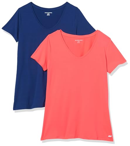 Amazon Essentials Damen Active Quick Dry Tech Stretch Kurzarm-T-Shirt mit V-Ausschnitt (in Übergröße erhältlich), 2er-Pack, Korallenorange/Marineblau, XXL von Amazon Essentials