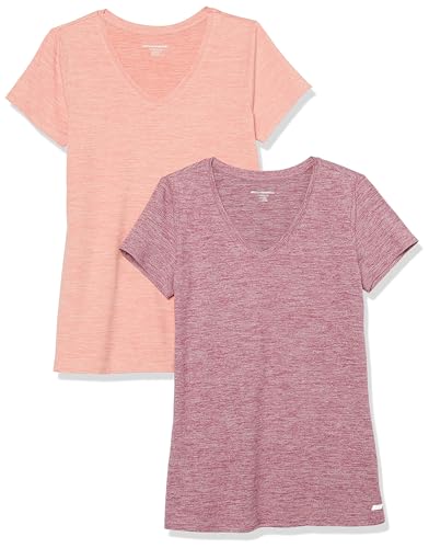 Amazon Essentials Damen Active Quick Dry Tech Stretch Kurzarm-T-Shirt mit V-Ausschnitt (in Übergröße erhältlich), 2er-Pack, Lachsrosa Space-dye/Pflaume Space-dye, L von Amazon Essentials