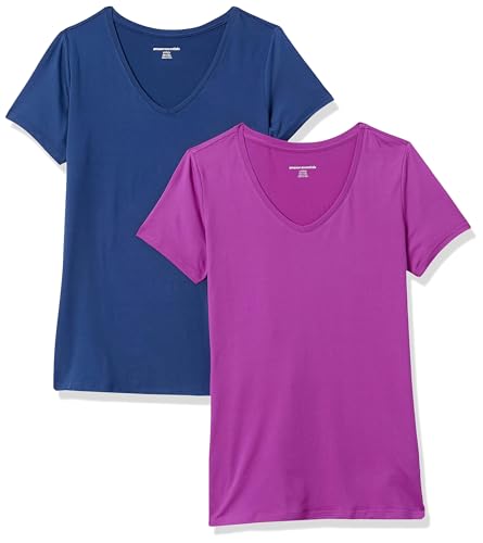 Amazon Essentials Damen Active Quick Dry Tech Stretch Kurzarm-T-Shirt mit V-Ausschnitt (in Übergröße erhältlich), 2er-Pack, Marineblau/Orchideenviolett, L von Amazon Essentials