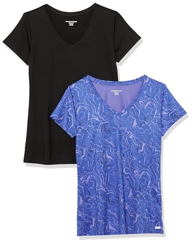 Amazon Essentials Damen Active Quick Dry Tech Stretch Kurzarm-T-Shirt mit V-Ausschnitt (in Übergröße erhältlich), 2er-Pack, Blau Marmor/Schwarz, S von Amazon Essentials